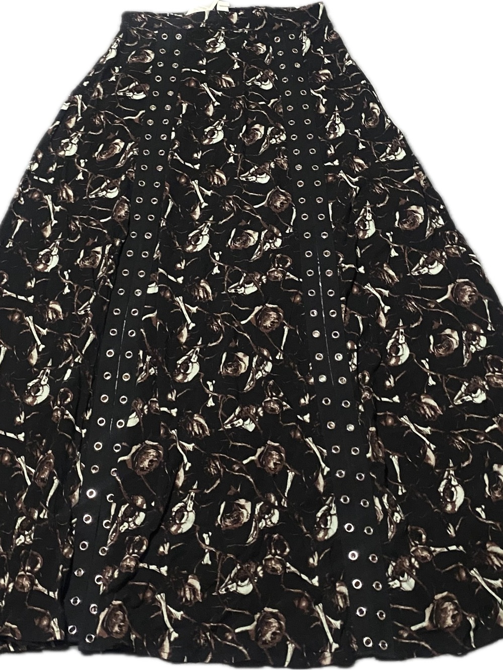 Black Floral Maxi Skirt with Grommet Panel Detail